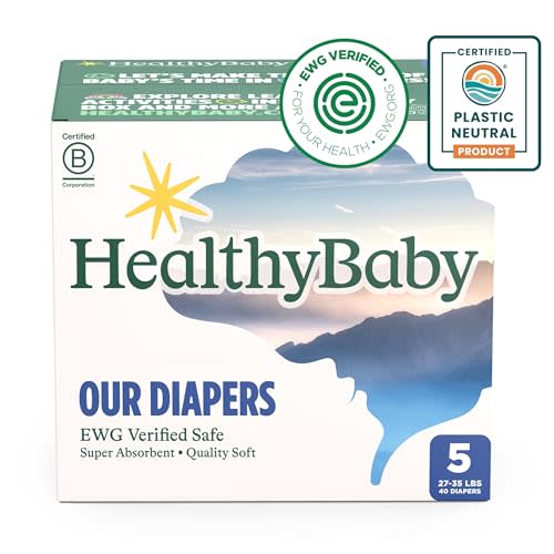 HealthyBaby Our Diapers | EWG Verified Safe & Plant-Based Diapers | Absorbent for Leak Protection | Soft Organic Cotton Shell | Chlorine-Free Diaper for Sensitive Skin | Size 5 (40 Diapers)