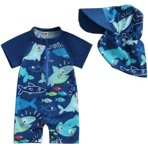 Toddler Infant Baby Boy Swimsuit Newborn Rash Guard Baby Boys Girls One Piece Zipper Bathing Suit Swimwear with Hat