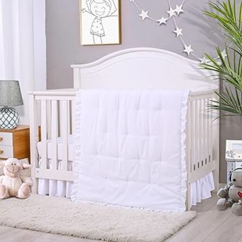 Cloele 3 Pieces Crib Bedding Set Standard Size Baby Bedding Set - Solid Ruffle Quilted Set includes Comforter Fitted Sheet Crib Skirt for Boys and Girls - Cute Ruffled Nursery Set Baby Crib Set White