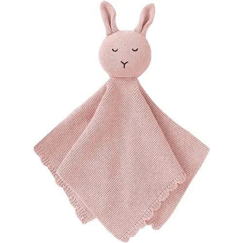 LAWKUL Baby Lovey Bunny Security Blanket Soft Cuddly Babe Blankie Knit Cotton Babies Comforter for Newborns Boy Girls Pink