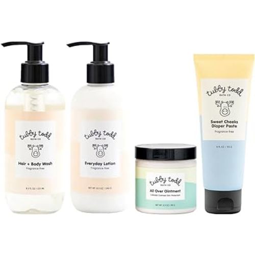TUBBY TODD Baby Bath & Skincare Kit - The Baby Bundle - Baby Shampoo and Body Wash, Everyday Lotion, All Over Ointment & Diaper Paste Cream Gift Set - Standard Size Fragrance-Free