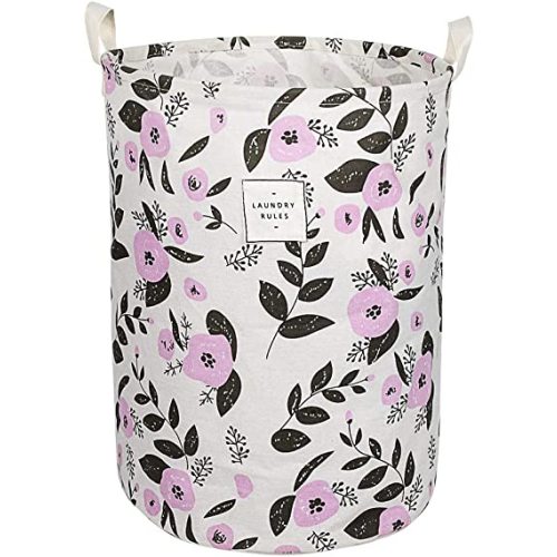 UUJOLY Collapsible Laundry Basket, Laundry Hamper with Handles Waterproof Round Cotton Linen Laundry Hamper Printing Household Organizer Basket, 19.7x15.7 inches, Purple