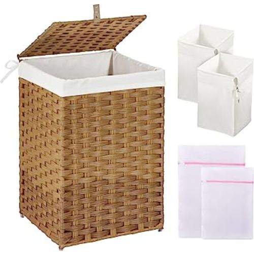 Greenstell Laundry Hamper with Lid, 60L Clothes Hamper with 2 Removable Liner Bags & 2 Mesh Bags, Handwoven Synthetic Rattan Basket, Toys in Bathroom, Bedroom Natural