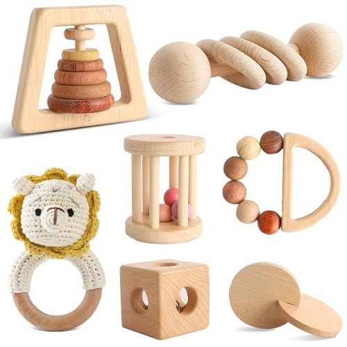 Wooden Montessori Toys 7PCS Wooden Baby Toy for Babies 12-36 Months, Natural Wood Rattle Toy Set with Crochet Lion Rattle, Gift for Infant Boys Girls - original wood