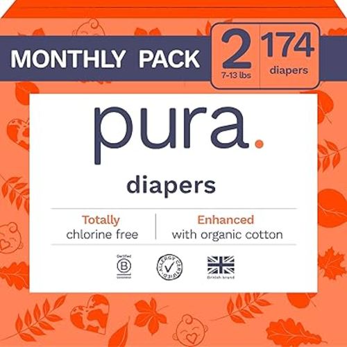 Pura Size 2 Eco-Friendly Diapers (7-13lbs) Hypoallergenic, Soft Organic Cotton Comfort, Sustainable, Wetness Indicator, Allergy UK, Recyclable Paper Packaging, 6 Packs of 29 (174 Diapers)
