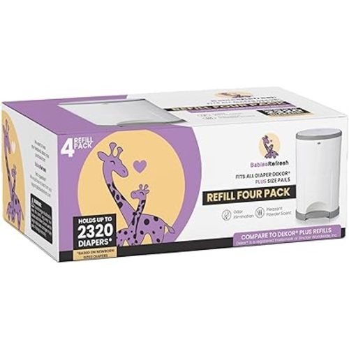 Refills Compatible with DEKOR PLUS Diaper Pail Refills | 4 Pack | Diaper Pail Odor Eliminator| Fresh Powder Scent | Each Diaper Bag Refill Holds up to 2320 Diapers | Diaper bin refill