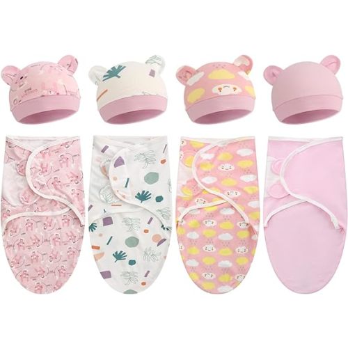 Buryeah 4 Pack Preemie Swaddle Blanket Wrap Set with Hat for Baby Boys Girls 3-7 Lbs Preemie Newborn Clothes Sleepers Cap