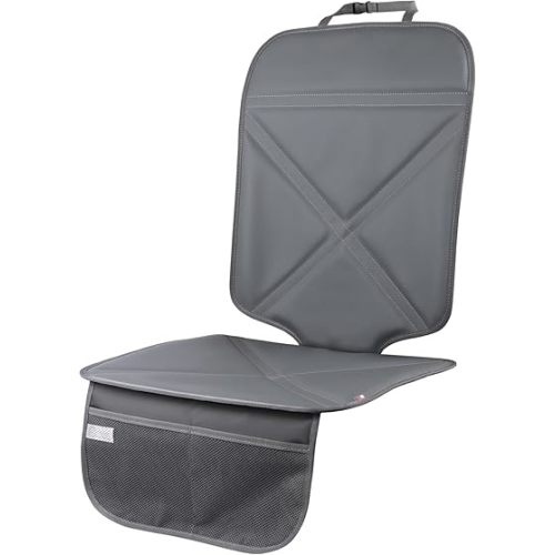 Car Seat Protector Leather Waterproof Child Safety Seat Protector Cover with Thick Pad and 2 Large Pockets Durable Kick Mat for All Auto Seat (Deep Gray)