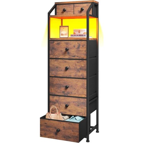 EnHomee 51.2" H Vertical Dresser with LED Lights, 7 Fabric Drawers Dresser for Bedroom, Sturdy Nightstands with Open Wood Shelf, Metal Frame, Bedside Table for Dorm, Entryway, Bathroom (Rustic Brown)