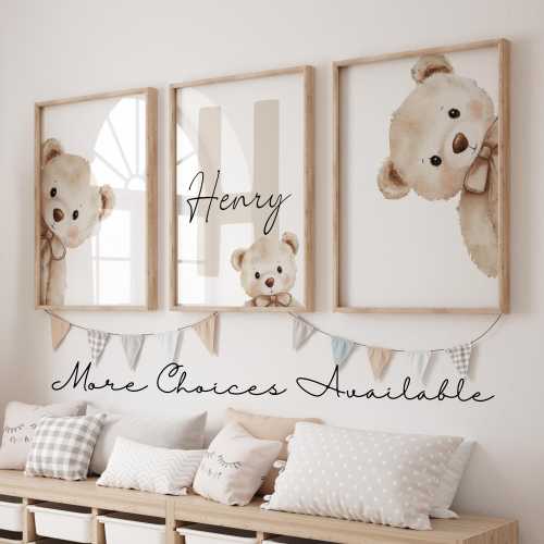 Teddy Bear Nursery Prints | Personalized Baby Name Art | Neutral Nursery Decor | Baby Shower Gift | Set of 3 | Digital Download