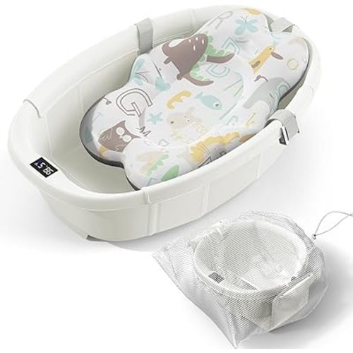 Collapsible Baby Bathtub - Large Baby Bath Tub with Thermometer & Cushion | Travel Portable Newborn Infant Bathtub | Foldable Toddler Bathtub for Baby 0 to 36 Months (White)