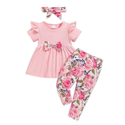 Doresbebe Baby Girl Clothes Toddler Girl Outfits Infant Girl Summer Clothes for Girl Ruffle Shirt Pants+Cute Headband 3PCS