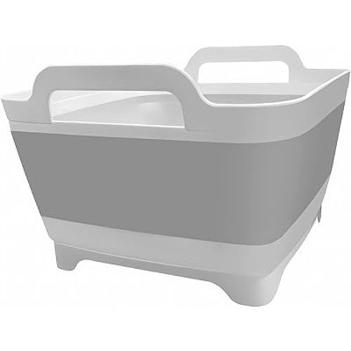 Ikaufen Dishpan for Washing Dishes, 9L (2.4Gallon) Collapsible Wash Basin with Drain Plug Carry Handles, Collapsible Bucket for Cleaning, Vegetable Washing, RV(Grey)