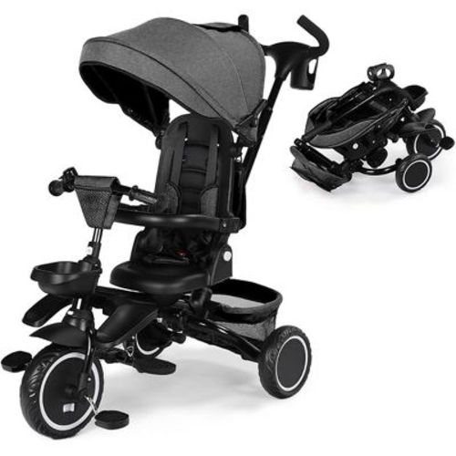Kinder King 8 in 1 Kids Baby Stroller Tricycle Folding Toddler Trike w/Adjustable Push Handle, Gray