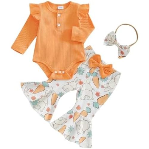 Kuriozud Newborn Baby Girl Bell Bottom Outfit Ruffle Romper Cute Bow Flare Pants Set Headband Cute Clothes