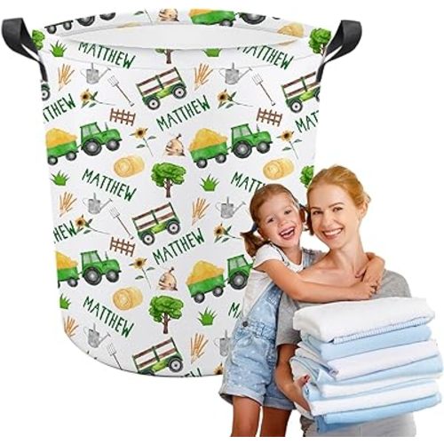 Custom Tractor Laundry Baskets,Personalized Tractor Laundry Basket,Personalized Gifts,Customize Baby Name Laundry Hamper for Kids Adults,Collapsible Clothes Storage Organizer,S-16.5"X 13.8"