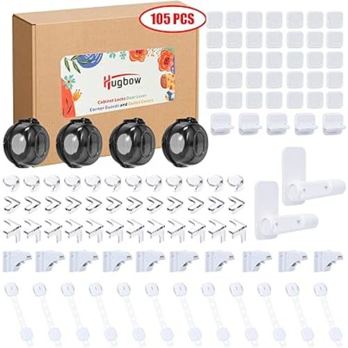 Baby Proof Kit, 105 Packs Baby Proofing Kit Essentials Child Proofing Appliance with Cabinet Locks, Door Lever Corner Guards and Outlet Covers - All-in-one Super Value Child Proof Kit