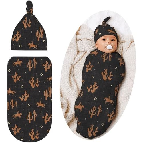Retro Western Swaddle Blanket, Unisex Baby Stuff, Soft Sleeping Bag Sack, Retro Cowboy Baby Items Stuff