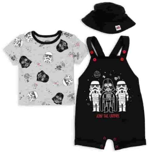 Star Wars Darth Vader Stormtrooper Newborn Baby Boys French Terry Short Overalls T-Shirt and Hat 3 Piece Outfit Set Newborn to Infant