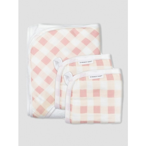 Honest Baby Clothing 3 Piece Organic Cotton Hooded Towel Set in peach buffalo check, size: One Size
