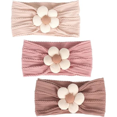 3 Pcs Baby Flower Headbands Baby Girls Nylon Headbands Soft Hairbands Hair Accessories for Newborn Infant Toddler Kids(Beige Pink Khaki)