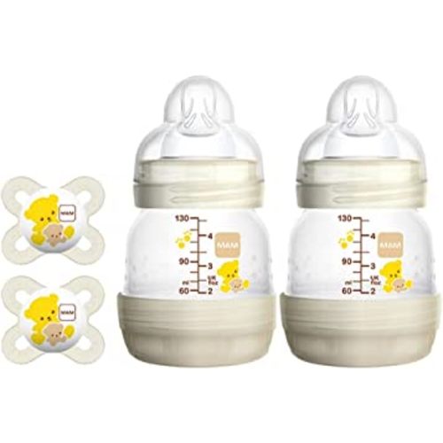 MAM Newborn Set, 2 x Best Pacifiers and 2 x Baby Bottles Newborn for Breastfed Babies,"Feed & Soothe" Set, White, 4-Count