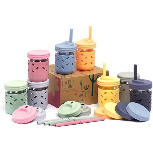 Elk and Friends Kids & Toddler Cups | The Original Glass Mason jars 8 oz with Silicone Sleeves & Silicone Straws with Stoppers | Smoothie Cups | Spill Proof Sippy Cups for Toddlers