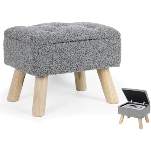 OGEMXU Storage Ottoman, Small Storage Ottoman Foot Stool with Wood Legs, Teddy Velvet Rectangular Foot Rest for Chair, Soft Sponge White Footstool for Living Room, Couch, Bedroom, Dorm (Grizzly)