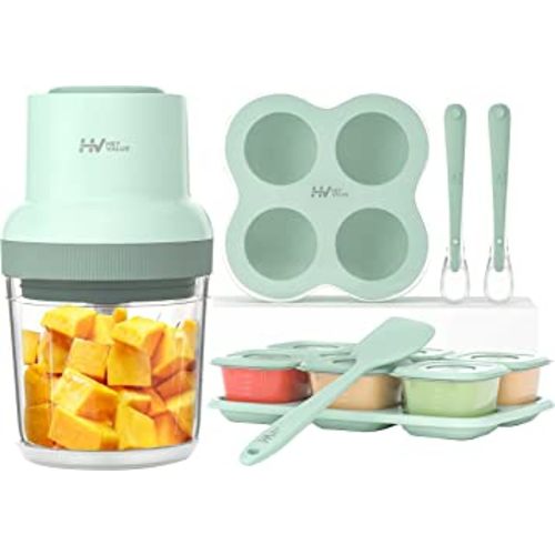 HEYVALUE Baby Food Maker, 13-in-1 Baby Food Puree Blender for Baby Food, Fruit, Vegatable, Meat, with Food Containers, Baby Food Processor Freezer Tray, Silicone Spoons, Silicone Spatula(Light Green)