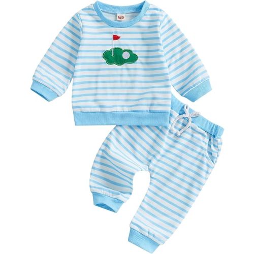 Baby Girl Boy Golf Outfit Long Sleeve Stripe Print Crewneck Sweatshirt Jogger Pants Set Infant Fall Clothes