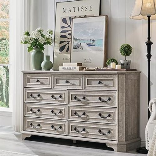 T4TREAM Farmhouse 9 Drawers Dresser for Bedroom, 54" Wide Wood Rustic Chest of Drawers with Natural Texture, Vintage Design, Storage Dressers Organizer for Bedroom, Living Room, Light Rustic Oak