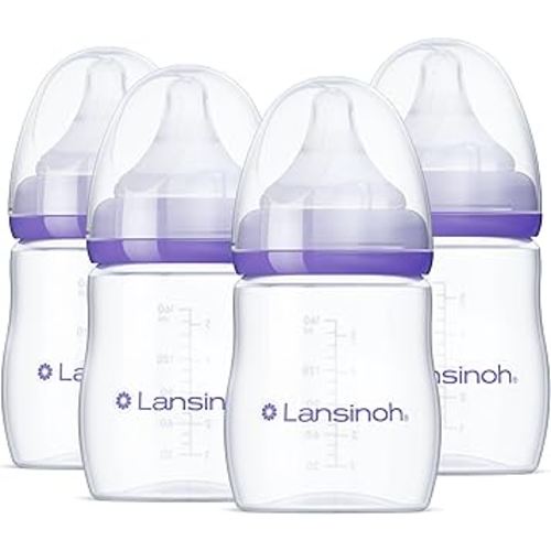 Lansinoh Anti-Colic Baby Bottles for Breastfeeding Babies, 5 Ounces, 4 Count, Includes 4 Extra Slow Flow Nipples, Size XS