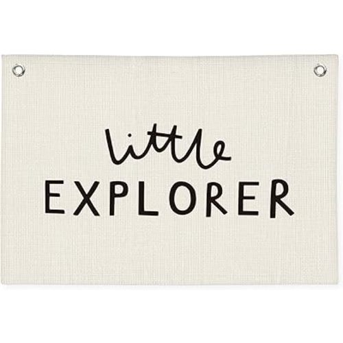 Little Explorer Baby Shower Linen Canvas Banner, Boys Room Decor, Camping Wall Hanging Canvas Banner Flag Decor for Toddler Boy Room Nursery Playroom, 20x30 Inch