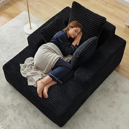 43"W Chaise Lounge Sofa Chair Indoor, Small Boneless Couches for Small Spaces, Fluffy Comfy Cloud Sofa in a Box, Compression Foam Sleeper Sofa for Living Room&Apartment, Plush Corduroy (Black)