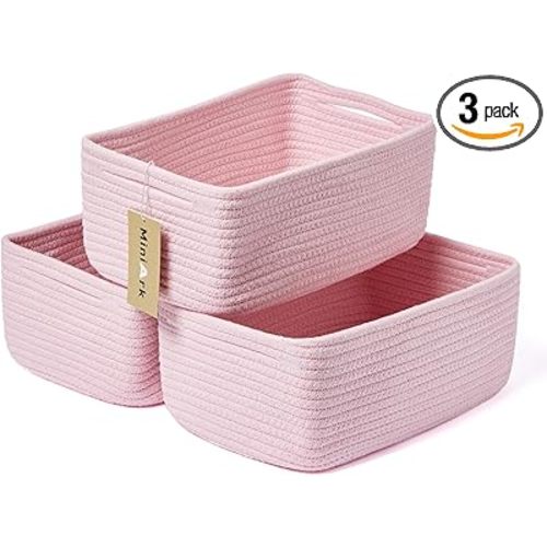 Small Storage Baskets for Organizing | Closet Organizer Bins | Shelf Toy Basket | Woven Rope Baskets | Cube Decorative Box | Shallow Basket | 13x8.5x5.1” | 3 Packs Pink