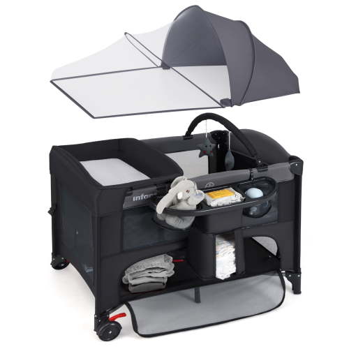 INFANS Baby Bassinet, 4 in 1 Nursery Center Pack and Play Baby Playard with Changing Table, Mosquito Net, Storage Basket, Travel Bag, Toy Bar for Newborn 0-36 Months