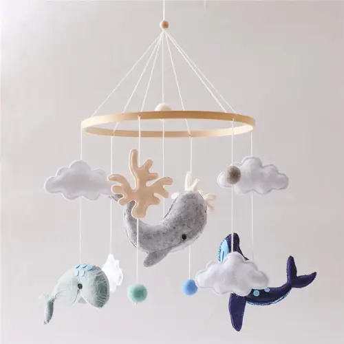 Baby Mobile for Crib丨Baby Nursery Mobiles丨Handmade Felt Ocean Animal Mobile for Crib Baby Boys and Girls丨Woodland Nursery Decor for Infant Bedroom Hanging丨 Gender Neutral Baby Stuff（Whales）