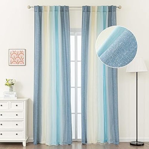 PLEASANT BOULEVARD Faux Linen Curtains [2 Panels] Gradient Color Window Drapes with Back Tap, Thermal Insulated Darkening Curtain for Living Room, Bedroom, & Home Decor (52" W x 95" L, Slate & Ivory)