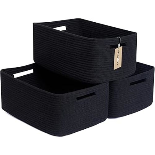Large Storage Baskets for Shelves, Closet Organizers Bins for Clothes Blanket Towels, Baby Nursery, Toy Baskets Box, Woven Rope Baskets, 17 x 13 x 7.5”, 3 Packs Black