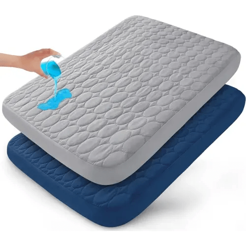 Pack and Play Sheets Fitted Quilted Waterproof Protector, 2 Pack Playard Mattress Pad Compatible with Graco Pack n Play, Mattress Cover fits for Baby Playpen Mattress, Mini Crib, Gray & Navy Blue
