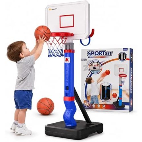 Toddler Basketball Hoop with Ring Toss, Height Adjustable Indoor & Poolside Outdoor Kids Basketball Hoop Set with Mini Balls, Rings, Pump, & Stable Base Game Sport Toys for Boys & Girls Age 1-5