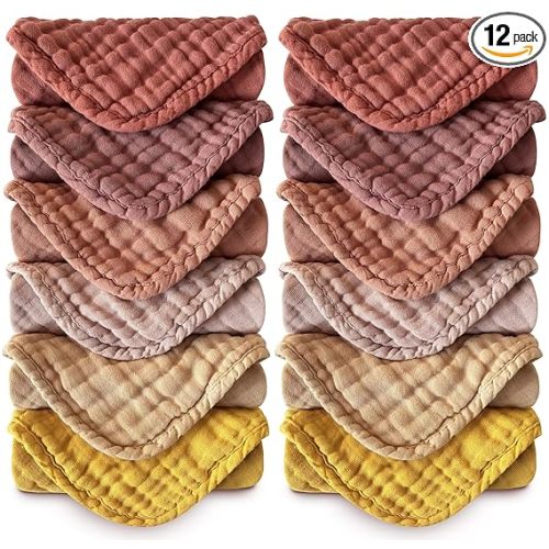 12 Pack - 12x12 Inches, Small Burp Cloths and Baby Wipes - 100% Cotton Muslin Ultra Soft for Newborn, Infant and Toddlers - Brown, Honey and Bean Paste Series