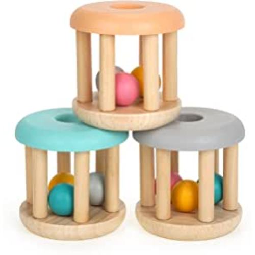 DUCKBOXX XX Wooden Rattle Rollers for Babies Ages 0m – 2yrs (Burlywood Base - 3pcs)