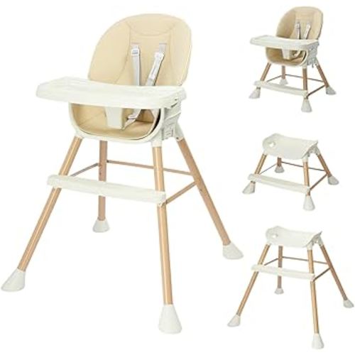 JOYMOR 5 in 1 Convertible Baby High Chair, Highchair for Babies and Toddlers, Easy Clean, Infant Highchair with Removable Double Tray & 5-Point Harness (Beige)