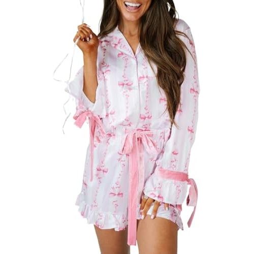 Women Satin Pajama Set Bowtie Bell Sleeve Shirt and Ruffled Shorts Lounge Set Sleepwear Loungewear with Ribbon
