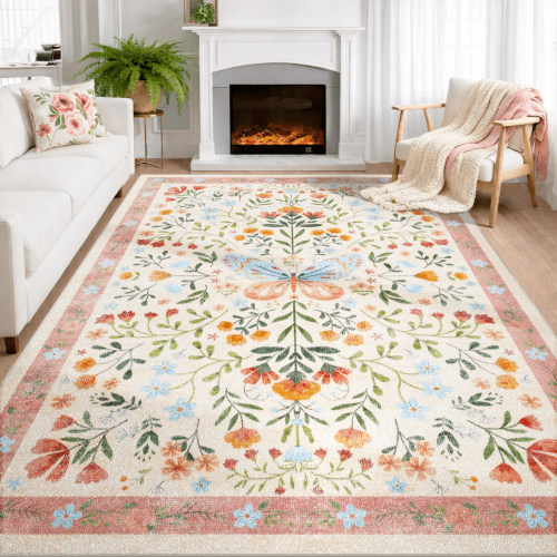 6'x9' Washable Area Rugs for Living Room, Socomw Vintage Orange Floral Washable Indoor Rug, Non-Slip Soft Low Pile Carpet for Bedroom, Dining Room