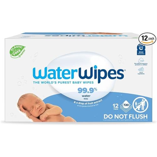 WaterWipes Plastic-Free Original Baby Wipes, 99.9% Water Based Wipes, Unscented & Hypoallergenic for Sensitive Skin, 60 Count (Pack of 12), Packaging May Vary
