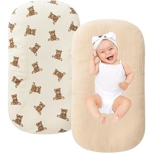 Little Jump Organic Cotton Muslin Baby Lounger Covers, 2 Pack, Soft Removable Slipcovers for Newborn Infant Lounger, for Girls Boys, Coffee Checkered (Teddey Bears & Kakhi)