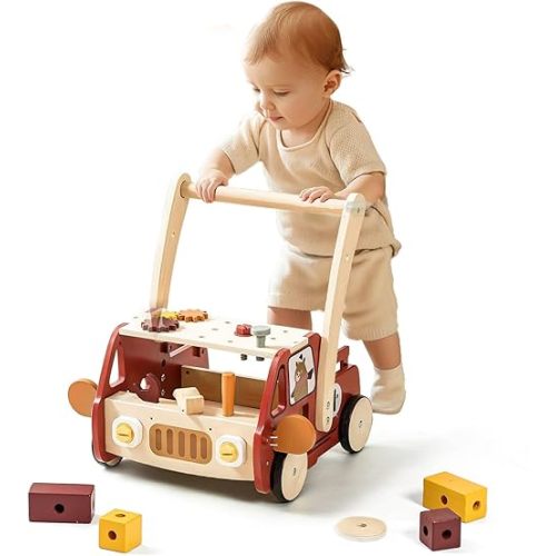 IEATFO Wooden Baby Walker Adjustable Height with Tool Bench and Toy Storage Wagon - Multifunctional Toddler Push Walker Ergonomically Designed for Natural Walking - 3+ Years of Continuous Use