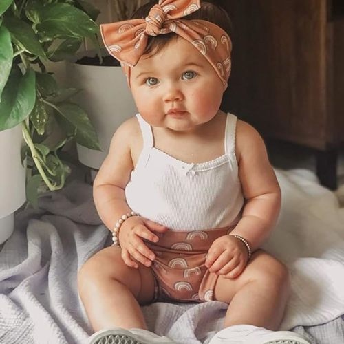 Easisim 3pcs Newborn Baby Girls Shorts Set Cotton Sleeveless Romper Jumpsuit Bodysuit +Pants Shorts+Headband Outfit Set - 3-6 Months - White Rainbow